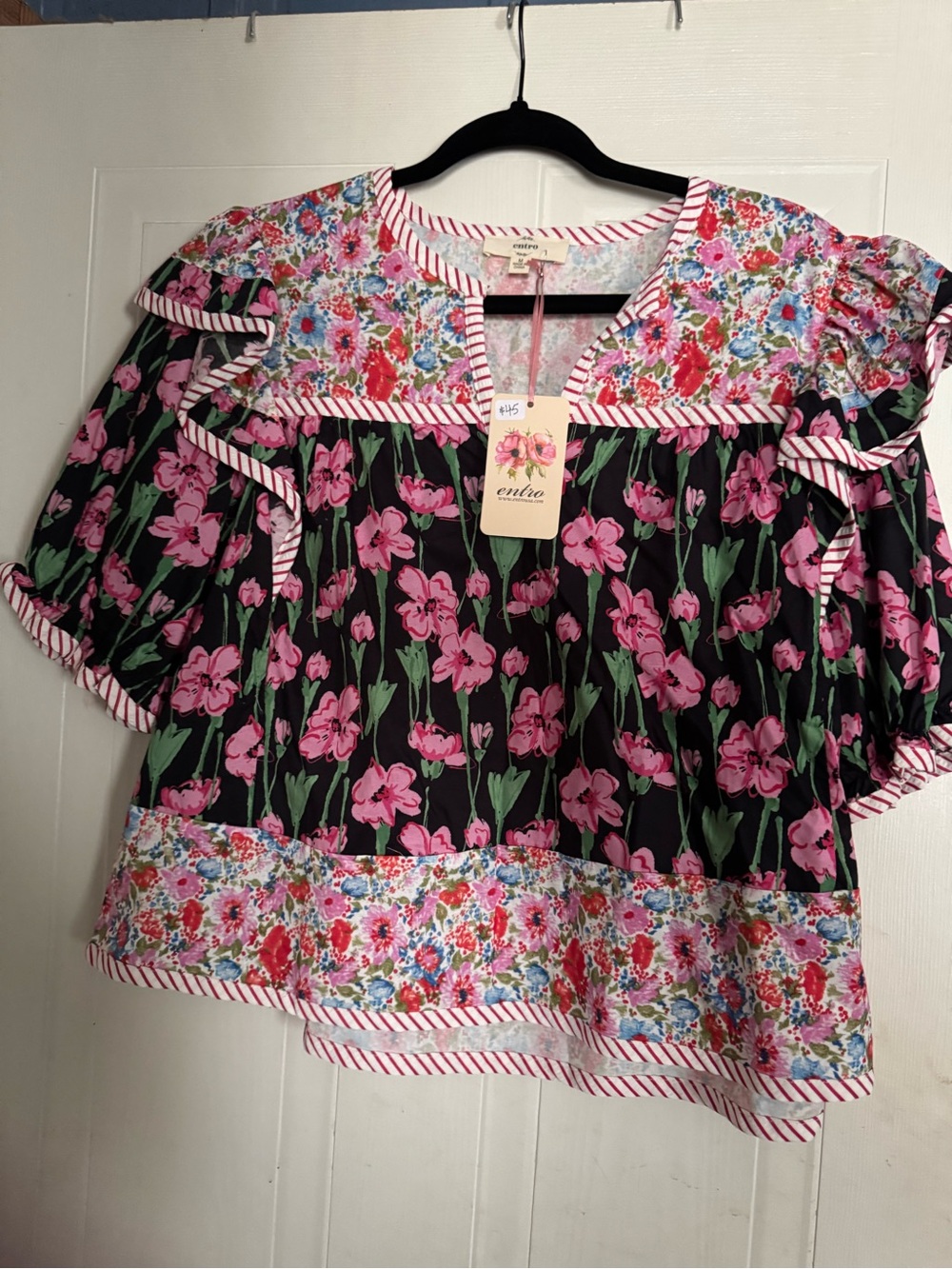 entro Black Blouse with Pink Floral Print and Multi-Color Panels